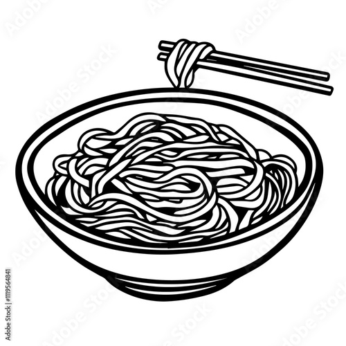 Japanese Soba Noodles with Dipping Sauce – A Versatile Dish Enjoyed Hot or Cold Black Outline Vector Illustration