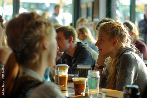 Group of friends sitting at a table in a pub or restaurant.