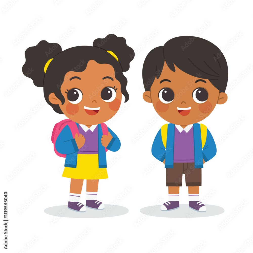 Children in school uniforms are standing together, smiling. Children in school uniforms are standing together, smiling.