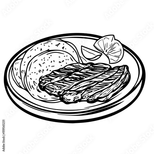 Mexican Carne Asada with Grilled Steak and Tortillas – A Juicy, Flavorful Feast for Meat Lovers Black Outline Vector Illustration