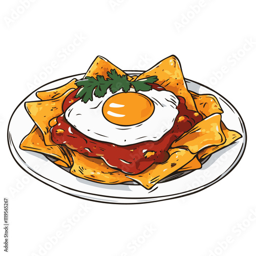 Mexican Chilaquiles with Tortilla Chips, Red Sauce, and Eggs – A Traditional Breakfast Dish Full of Flavor Black Outline Vector Illustration