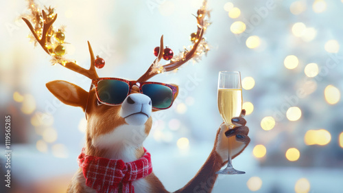 A festive reindeer with decorated antlers, stylish sunglasses, and a glass of champagne radiates holiday cheer and cool vibes.