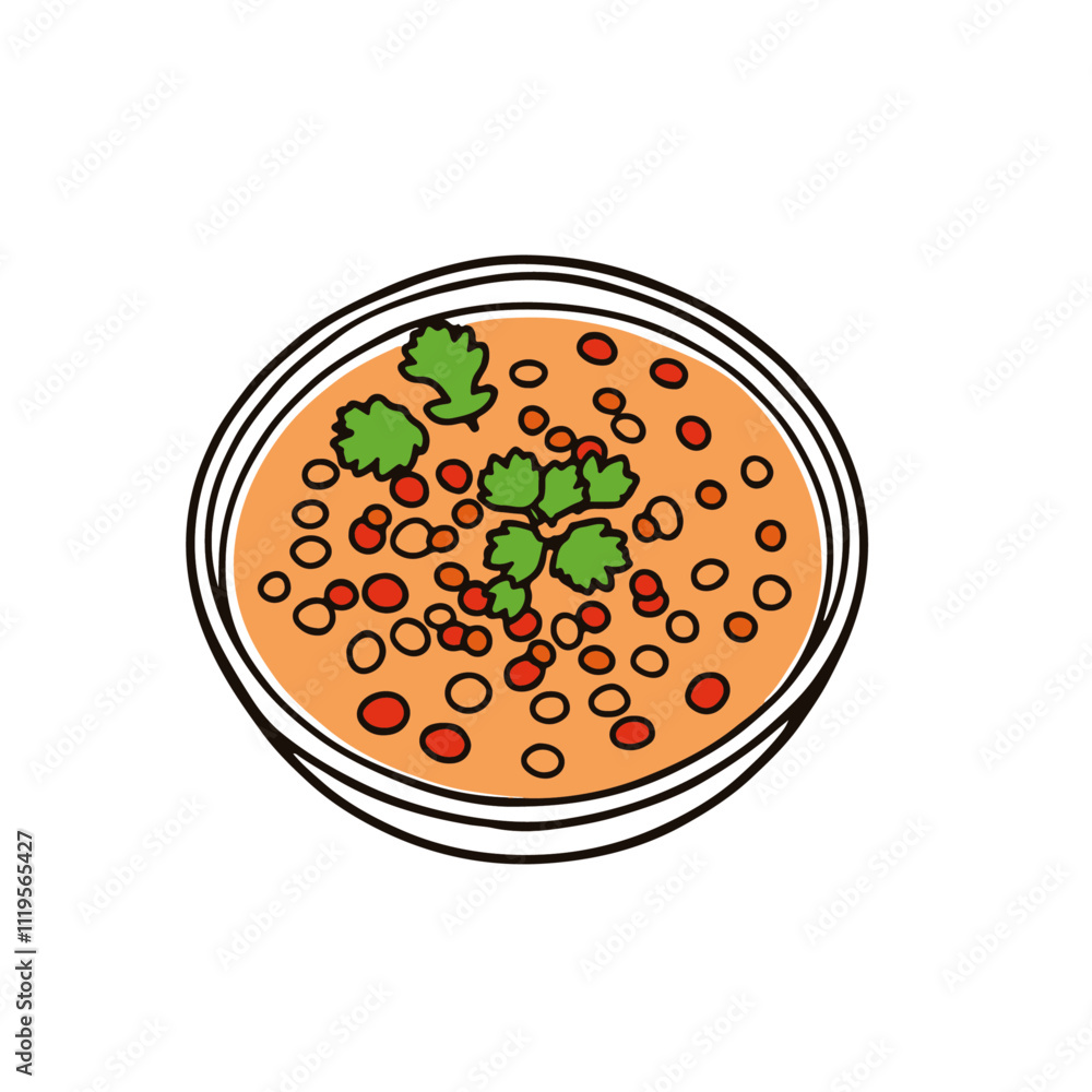 Moroccan Harira Soup with Lentils, Tomatoes, and Cilantro – A Nourishing Dish Essential to Ramadan Black Outline Vector Illustration Moroccan Harira Soup with Lentils, Tomatoes, and Cilantro – A Nourishing Dish Essential to Ramadan Black Outline Vector Illustration