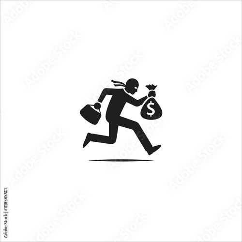 Black silhouette of a thief running with a money bag and briefcase, symbolizing crime and theft. Ideal for concepts related to finance security, danger, and criminal activities.