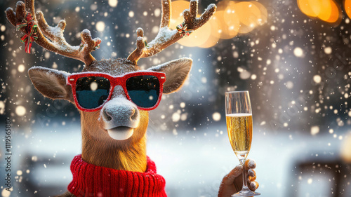 A festive reindeer with decorated antlers, stylish sunglasses, and a glass of champagne radiates holiday cheer and cool vibes.