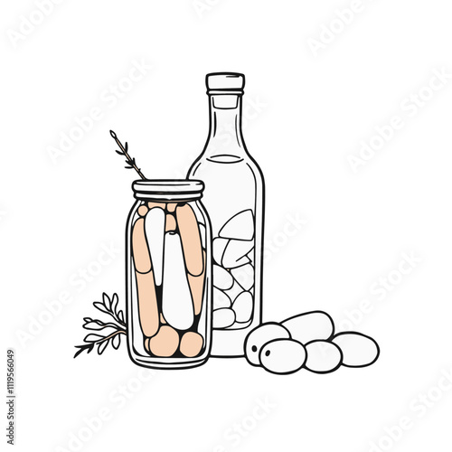 Russian Zakuska with Pickled Vegetables and Vodka – A Traditional Appetizer to Start Any Feast Black Outline Vector Illustration