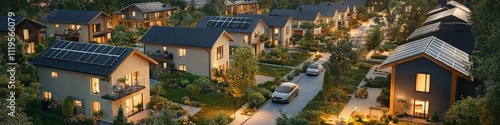 Panoramic view of sustainable housing community with solar panels.