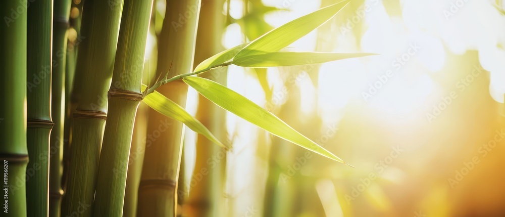 Obraz premium Eco-awareness Concept. A serene image of bamboo stalks bathed in warm sunlight, highlighting their lush green leaves and creating a tranquil atmosphere.