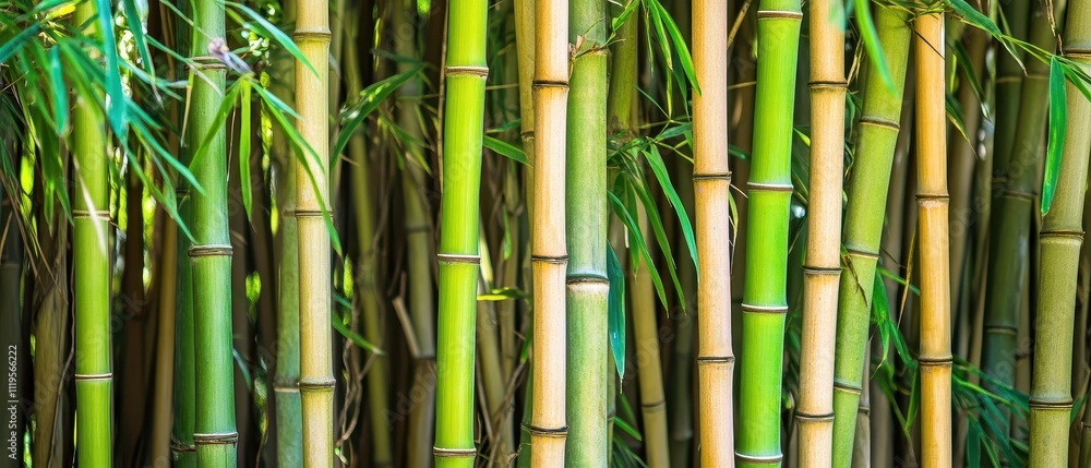 Fototapeta premium Eco-awareness Concept. A dense cluster of tall, green bamboo stalks, showcasing varying shades of green and yellow, creating a serene and natural atmosphere.
