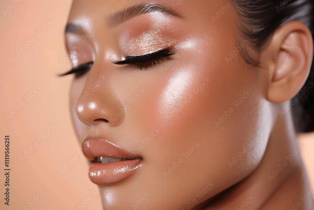 Obraz premium A close-up of a woman with glowing natural makeup featuring soft freckles and dewy skin on Peach Background