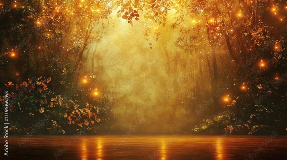 A mystical forest scene with glowing lights and serene water reflections. A mystical forest scene with glowing lights and serene water reflections.