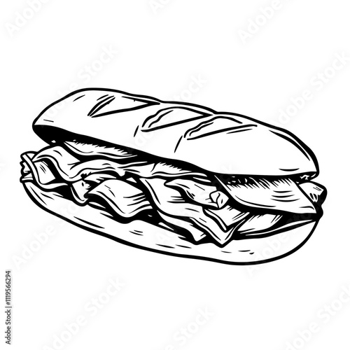 Spanish Bocadillo with Serrano Ham and Manchego Cheese – A Flavorful Sandwich Staple in Spain Black Outline Vector Illustration