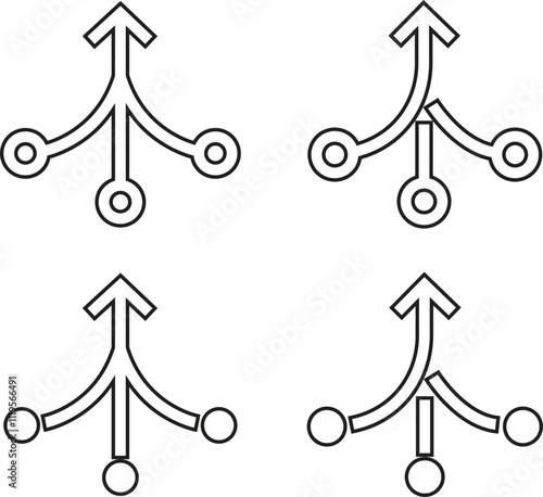 Consolidate revenue line icons set. Fund divergence or merge into one direction symbols. Debt or profit consolidate strategy vectors. Investment mix funnel signs isolated on transparent background.