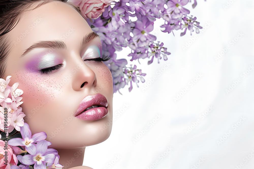 A portrait of a woman featuring pastel-toned makeup, and shimmering glitter details, against a clean white backdrop. A portrait of a woman featuring pastel-toned makeup, and shimmering glitter details, against a clean white backdrop.