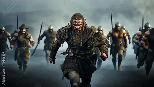 Gallowglass warrior, Norse-Gaelic clans of Ireland and Scotland, muscular and with battle scars, walking in the battlefield

