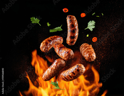 Juicy grilled sausages appear suspended mid-air with flames roaring beneath them, surrounded by floating parsley leaves and vibrant cherry tomatoes, set dramatically against a dark background. photo