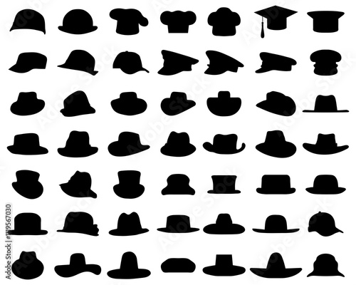 Black silhouettes of various caps and hats on a white background	