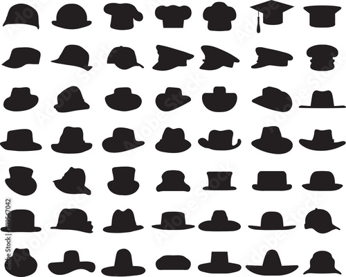 Black silhouettes of various caps and hats