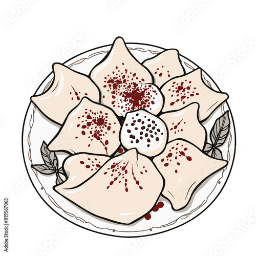Turkish Manti with Garlic Yogurt and Sumac – Small Dumplings Known for Their Exquisite Taste Black Outline Vector Illustration