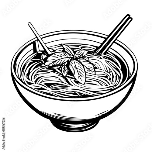 Vietnamese Pho with Beef Broth, Noodles, and Herbs – A Fragrant Soup That Warms the Soul Black Outline Vector Illustration