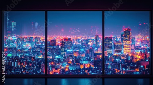 Night cityscape viewed from a large window. photo