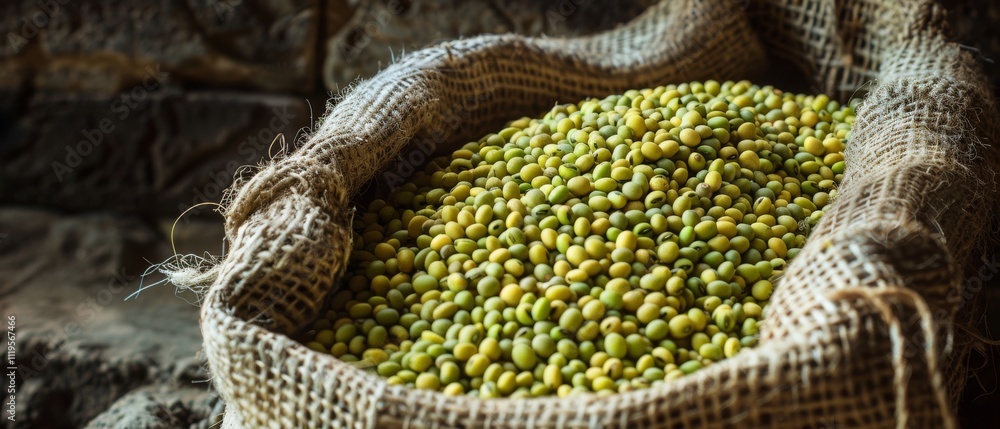 A rustic burlap sack brimming with vibrant yellow-green soybeans, set against an earthy, textured background. A rustic burlap sack brimming with vibrant yellow-green soybeans, set against an earthy, textured background.