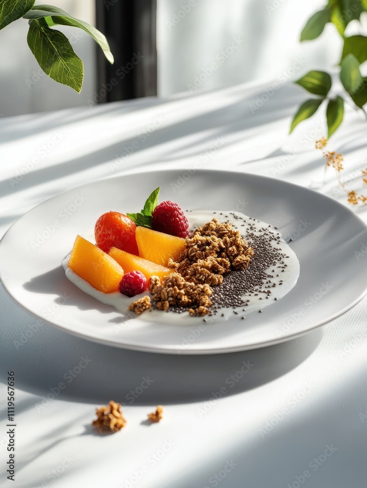 A plate of yogurt topped with fruits and granola, beautifully arranged for a healthy breakfast. A plate of yogurt topped with fruits and granola, beautifully arranged for a healthy breakfast.