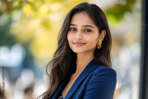 young indian business woman wearing blue suit