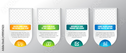 Abstract Infographic Company Milestones Timeline Template with big rectangle photo placeholders and shadow effects. four variation color with icon and sample of text. Business infographics tabs