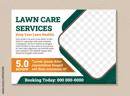 Lawn care garden or Landscaping Service Postcard Template. cleaning and grass cutting banner in horizontal layout, keep your lawn healthy with space for photo. green and orange on white background.