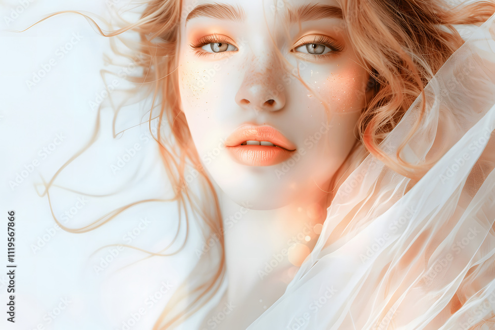 Ethereal Portrait of a Freckled Redhead Woman With Soft Makeup on White Background Ethereal Portrait of a Freckled Redhead Woman With Soft Makeup on White Background