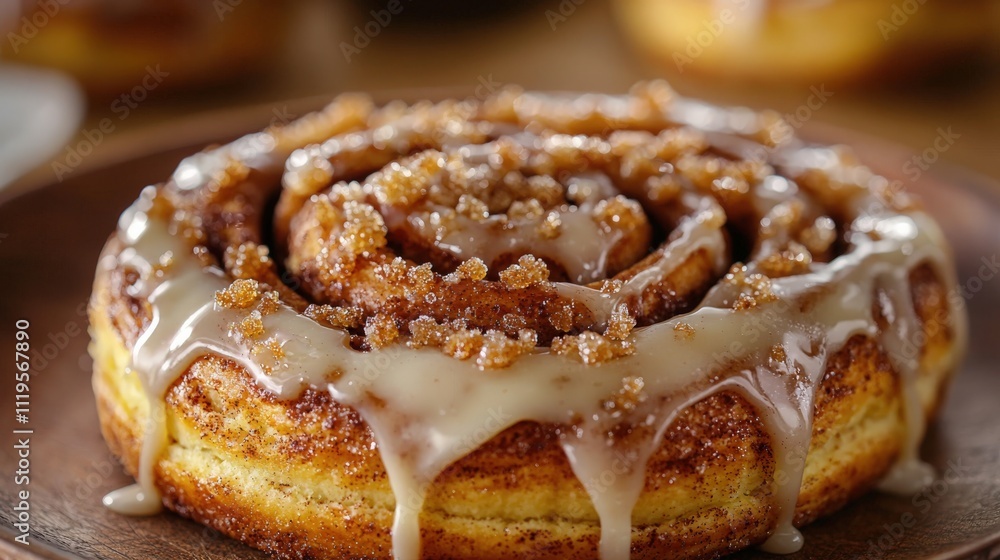 Freshly baked cinnamon roll with glaze and sugar crystals ready to be enjoyed Freshly baked cinnamon roll with glaze and sugar crystals ready to be enjoyed