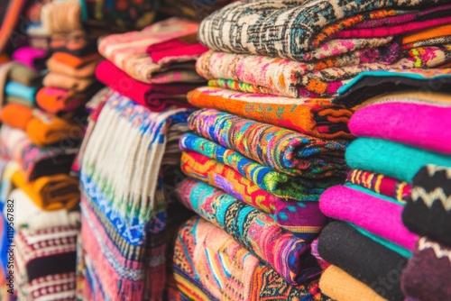 A vibrant street market with colorful textiles and handmade crafts, Market scene, Lively style