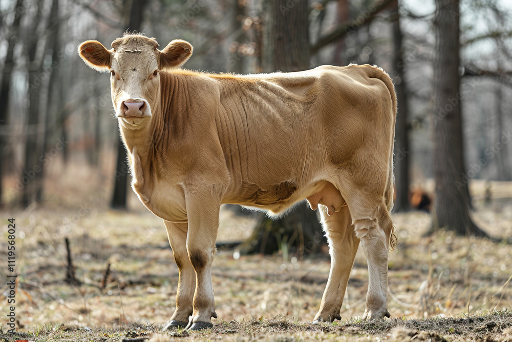 A Gelbvieh cow stands gracefully in a forest landscape during early spring sunlight A Gelbvieh cow stands gracefully in a forest landscape during early spring sunlight