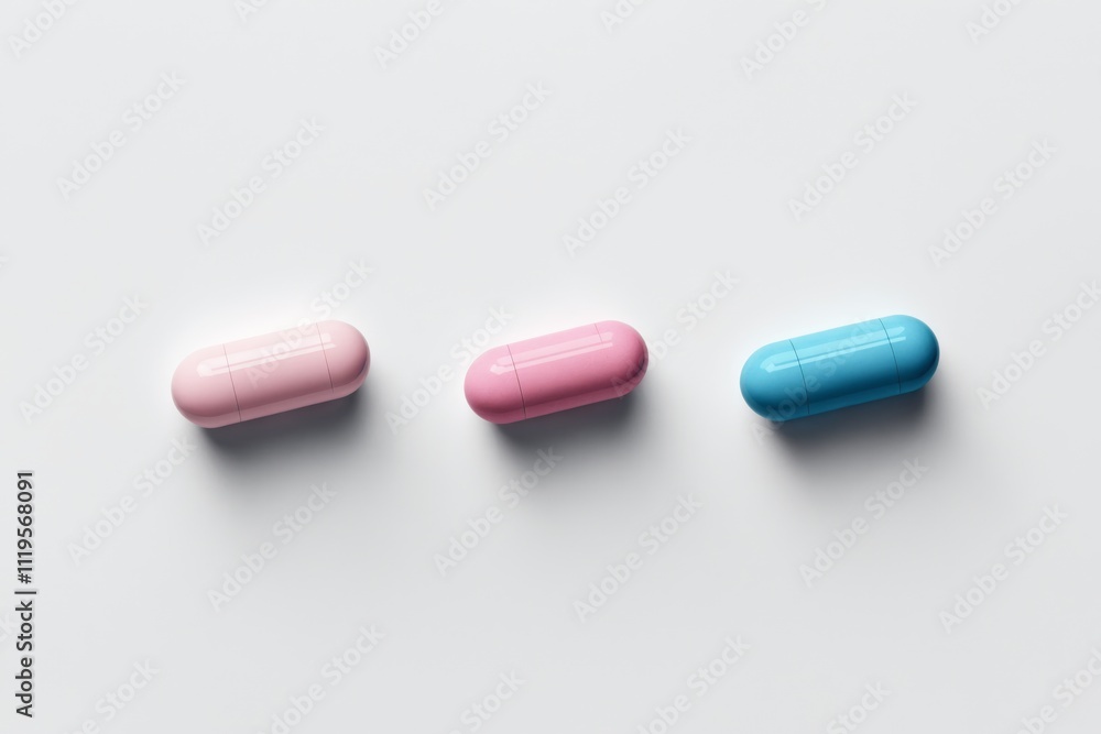 Three pastel-colored capsules lie on a white background Three pastel-colored capsules lie on a white background