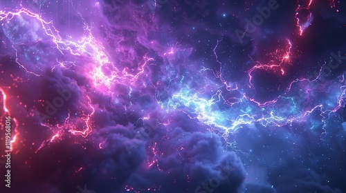 This photo depicts a striking abstract image of a blue and purple background illuminated by multiple lightning strikes
