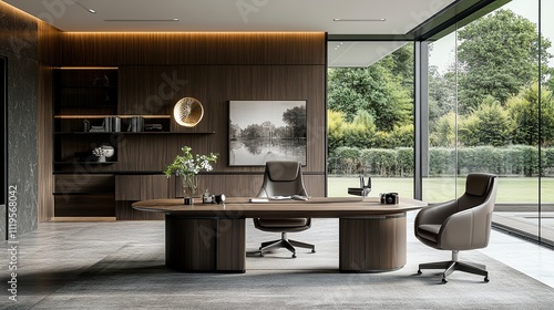 Modern luxury home office with large wooden desk, leather chairs, and garden view.