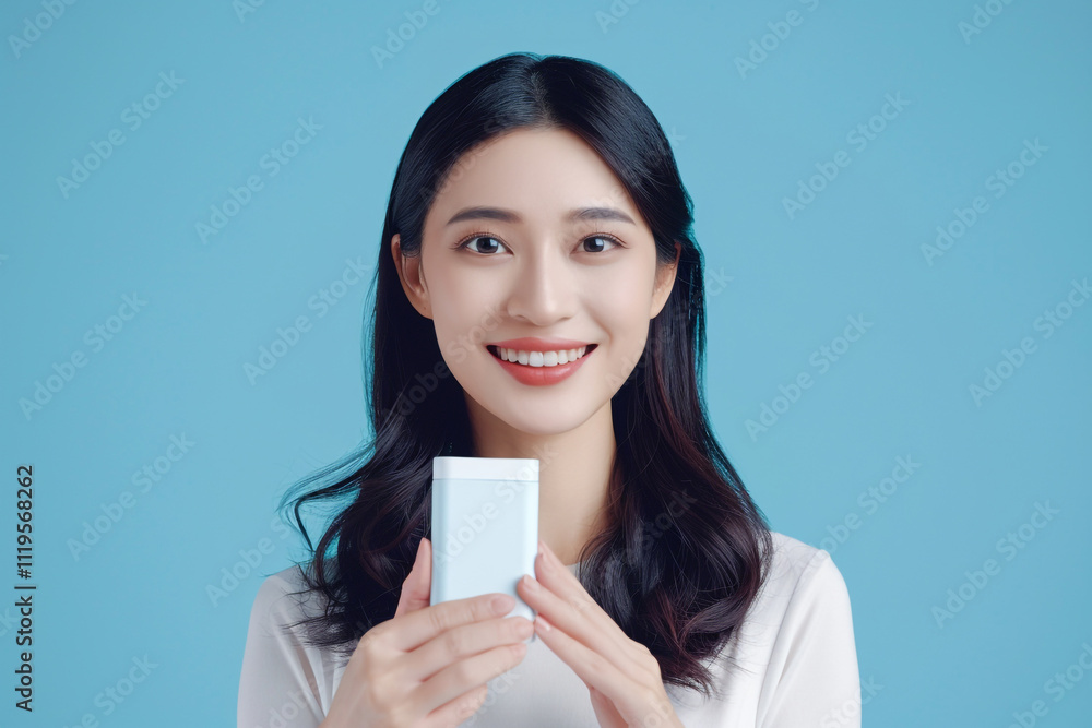 Portrait of Smiling Asian Woman Showing Product on Blue Background Portrait of Smiling Asian Woman Showing Product on Blue Background