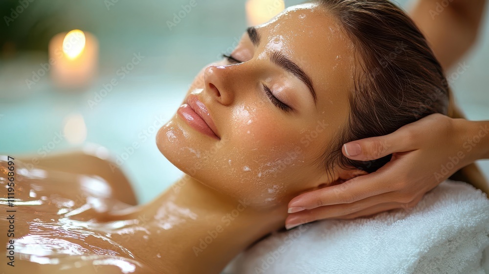 Naklejka premium Close-up of a young woman enjoying a rejuvenating scalp massage with foamy soap in her hair, her eyes closed and a serene smile, surrounded by soft green tones for a calming spa vibe