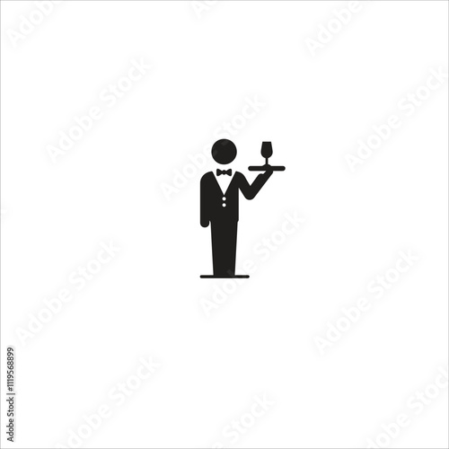 Simple black silhouette of a waiter holding a drink on a tray, symbolizing hospitality and service. Perfect for use in signage, menus, and catering promotions.