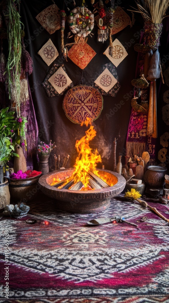Obraz premium A ceremonial fire surrounded by cultural artifacts and textiles in a sacred space.