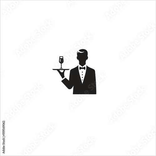 Black and white silhouette of a waiter wearing a bow tie, holding a tray with a wine glass. Perfect for concepts of hospitality, service, and luxury dining experiences.