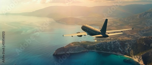 A plane soars over a serene coastline bathed in golden sunlight, with hills and blue waters spreading far beneath its wings, capturing a sense of freedom and adventure. photo