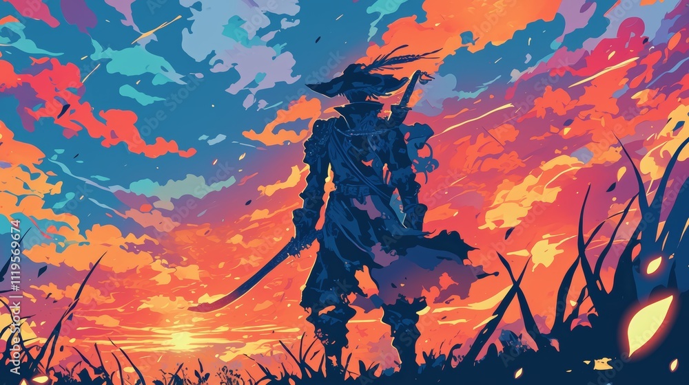 A lone warrior stands silhouetted against a vibrant, fiery sunset, katana at his side, a symbol of resilience and solitary strength. A lone warrior stands silhouetted against a vibrant, fiery sunset, katana at his side, a symbol of resilience and solitary strength.