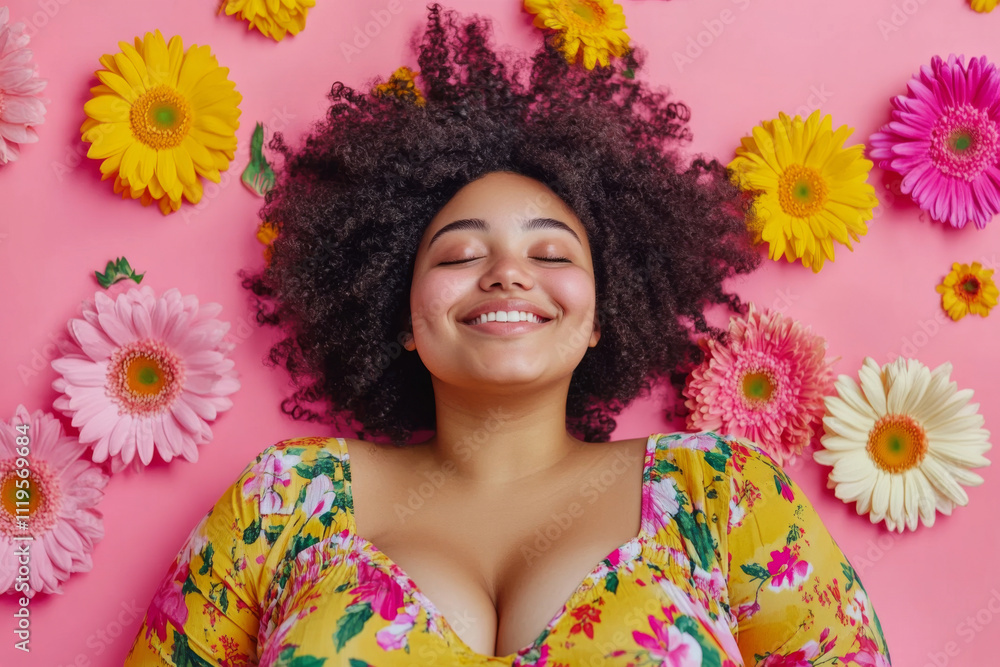 © Lazy_Bear - Plus-size model lying on pink background with flowers. Smiling woman with overweight enjoying life. Concept of self love and body positive