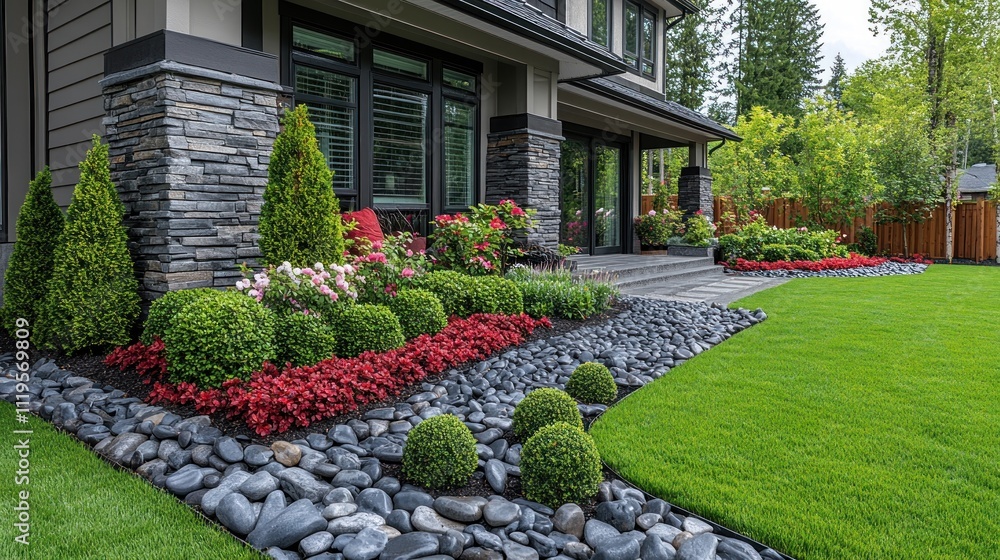 Fototapeta premium Lush landscaping design featuring a modern home's exterior, showcasing vibrant flowers, manicured shrubs, and grey river rocks.