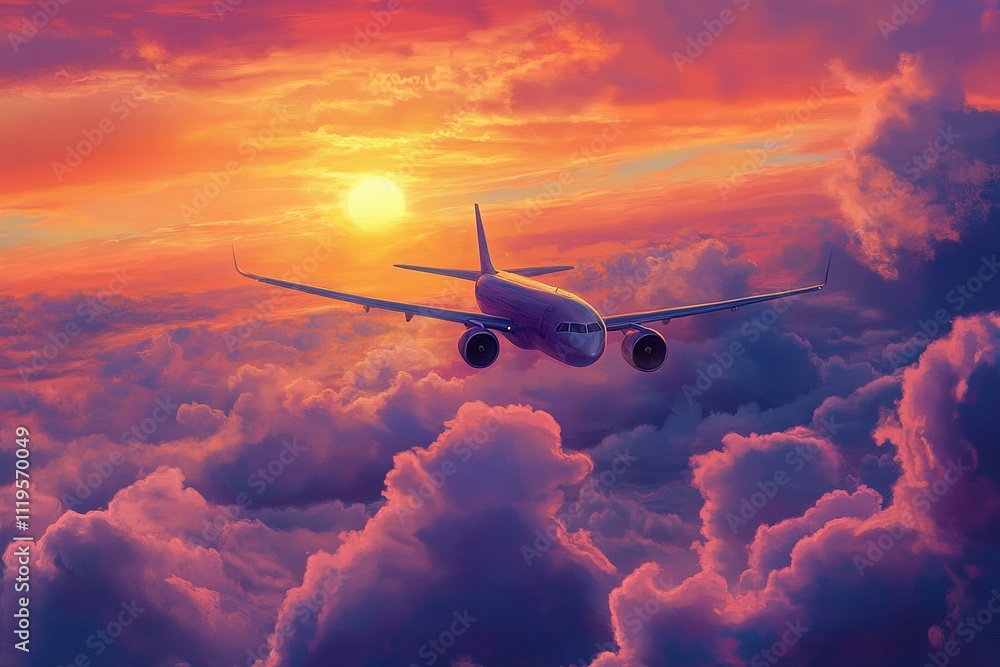 Airplane Soaring Above Clouds at Sunset with Vibrant Orange, Pink, and Purple Hues Airplane Soaring Above Clouds at Sunset with Vibrant Orange, Pink, and Purple Hues