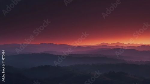 A serene sunset landscape showcasing layered, tree-covered hills fading into the horizon with a gradient sky transitioning from deep purple to golden orange. Generative AI