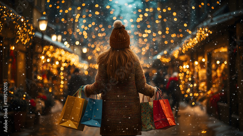 5h a photo from the front of the lower half of a adult classic christmas elf holding alot of colorfull shoppingbags, walking outside in the snow, fetsive lights and decorations all around, warm and co photo