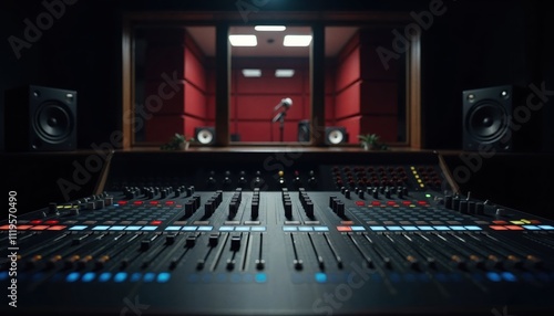 A modern recording studio featuring a sound mixing console, speakers, and a vocalist in a soundproof booth.